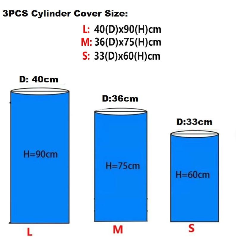 May include: Diagram showing three different sizes of cylinder covers. The covers are blue and labeled with their dimensions in centimeters: L: 40cm diameter x 90cm height, M: 36cm diameter x 75cm height, S: 33cm diameter x 60cm height.