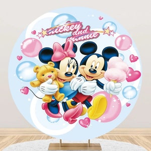 May include: A round backdrop featuring Mickey Mouse and Minnie Mouse in a blue and pink bubble theme. The text "Mickey and Minnie" is written in a pink and blue font.