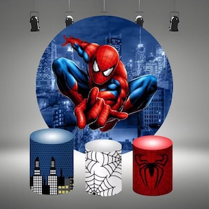 Spiderman Round Backdrop Movie Superheros Hulk Banner Circle Cover Fabric Elastic Photography Backdrop Background Birthday Party Decor