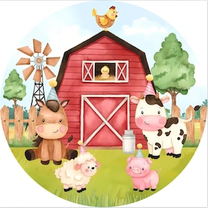Happy Farm Animals Round Backdrop Kids Photo Background Birthday Party Backdrop Cartoon Girl Photography Cover Baby Shower Decor