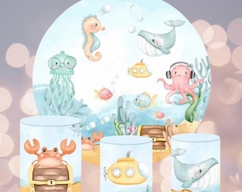 Fondo redondo para fiesta de cumpleaños de bebé recién nacido con temática de peces del fondo marino y mundo submarino con temática de tiburones. Cubiertas cilíndricas personalizadas.