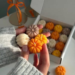May include: A collection of small, pumpkin-shaped candles in various shades of orange, cream, and brown. The candles are moulded with vertical ridges and a central wick. Several candles are held in a cluster, while others are arranged in a white box.