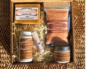 Jasmine and Plumeria Handmade Spa Gift Set: Soap, Lotion and Bath Salts