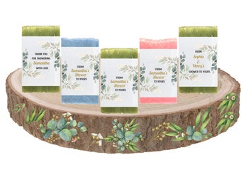 Eucalyptus Personalized Baby Shower Soap Favors  Vegan Bridal Wedding Shower prizes Wrapped and  Labeled Virtual  Drive by Thank you gifts
