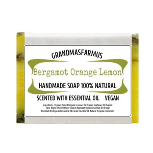Bergamot Orange Lemon Handmade Soap Bar Vegan ,Olive Oil, Essential Oil Soap,All Natural  Soap,Artisan Soap, Cold Process Soap Crafted