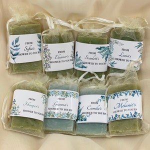 Greenery Personalized Baby Shower Soap Favors  Vegan Bridal Wedding Shower prizes Wrapped and  Labeled Virtual  Drive by Thank you gifts