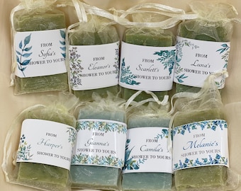 Greenery Personalized Baby Shower Soap Favors  Vegan Bridal Wedding Shower prizes Wrapped and  Labeled Virtual  Drive by Thank you gifts