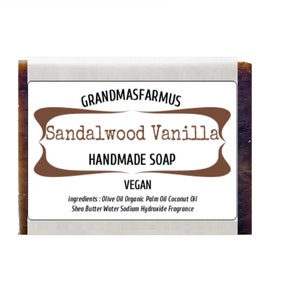 Sandalwood Vanilla Handmade Soap Bar Vegan ,Olive Oil Soap, Shea Butter Soap, All Natural  Soap, Artisan Soap, Cold Process Soap Crafted