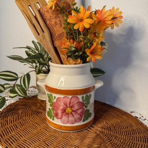 Vintage SECLA Portugal Milk Can Crock, Hand-Painted Pink Poppy Utensil Holder