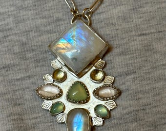 Handmade Sterling Silver Rainbow Moonstone Multi-Stone Talisman Necklace