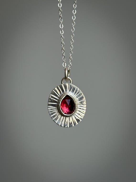 Made to Order - Rhodolite Garnet Rose Cut “Sunburst” Charm/Pendant - PENDANT ONLY Sterling Silver Round Gemstone Charm Pendant