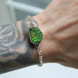 One of a Kind - Ammolite & Sterling Silver Handcrafted Bracelet | Bright Flashy Fossil Ammolite Bracelet Adjustable 925 Sterling Silver