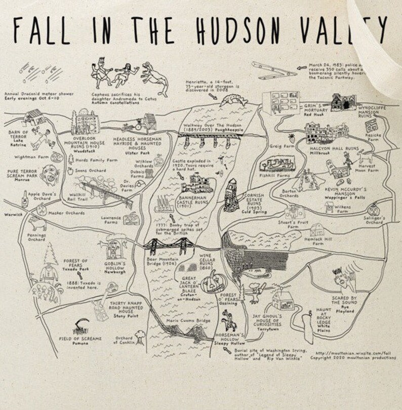 K&ouml;nnte beinhalten: Eine schwarz-wei&szlig;e illustrierte Karte des Hudson Valley im Bundesstaat New York. Die Karte zeigt verschiedene Sehensw&uuml;rdigkeiten und Punkte von Interesse, darunter der Walkway Over the Hudson, die Ruinen von Bannerman Castle und die Headless Horseman Mayride. Die Karte enth&auml;lt auch einen Schl&uuml;ssel mit Beschreibungen der einzelnen Orte.