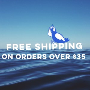 K&ouml;nnte beinhalten: Blaue und wei&szlig;e Illustration eines Vogels mit dem Text "FREE SHIPPING ON ORDERS OVER $35" in Wei&szlig; vor einem blauen Meereshintergrund.