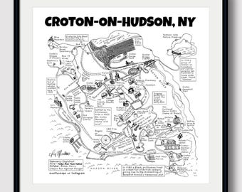 Framed Print of Croton on Hudson hand-drawn map