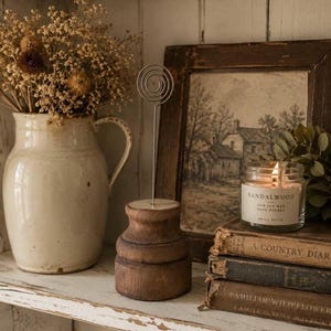 May include: A metal wire photo holder with a spiral top, mounted on a cylindrical, dark brown wooden base. The holder stands on a white shelf next to a cream-colored ceramic pitcher filled with dried flowers and a lit candle in a glass jar.