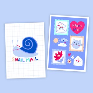 Cartes postales pour correspondants. Jeu de 2 cartes postales escargot bleu