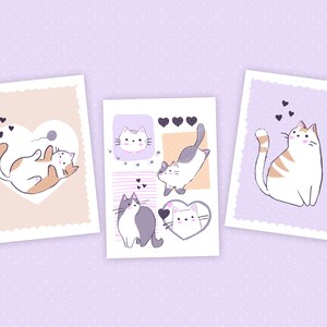 Cartões postais de gatinhos fofos. Conjunto de 3 estampas de gatos kawaii.