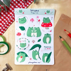 Feuille d'autocollants Froggie Love. A6 Résistant aux intempéries. Grenouilles mignonnes de valentines.