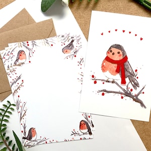 Set da scrittura Winter Robin. Set di cancelleria con uccelli pettirossi, carta da lettere, cartoline e buste. A6.