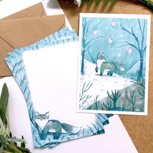 Set d'écriture Renard d'hiver. Ensemble de papeterie Woodland, papier à lettre, carte postale et enveloppes. R6.
