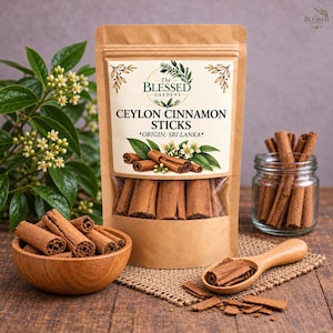 May include: A brown paper pouch labeled The Blessed Gardens Ceylon Cinnamon Sticks Origin Sri Lanka containing cinnamon sticks. A wooden bowl and a glass jar filled with cinnamon sticks, and a wooden spoon with cinnamon pieces.