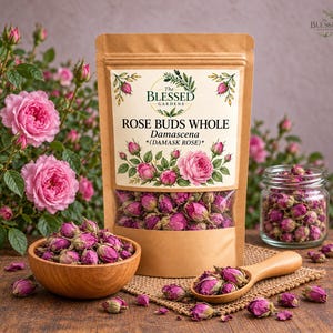 May include: A brown paper pouch labelled The Blessed Gardens Rose Buds Whole Damascena Damask Rose containing dried pink rose buds. A wooden bowl and a wooden spoon filled with rose buds sit nearby, alongside a glass jar of rose buds.