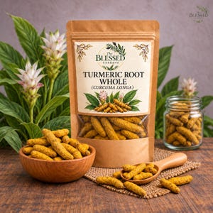 May include: A brown paper pouch labeled The Blessed Gardens Turmeric Root Whole Curcuma Longa containing dried yellow turmeric roots. A wooden bowl and a glass jar are filled with the same roots, with a wooden scoop resting on a burlap mat.
