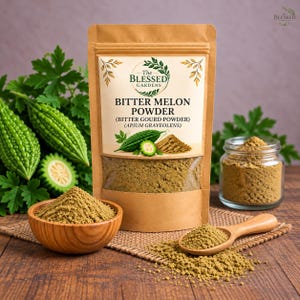 May include: A brown stand-up pouch labeled The Blessed Gardens Bitter Melon Powder, Bitter Gourd Powder, Apium Graveolens. The pouch sits near a wooden bowl and a glass jar filled with brown powder, a wooden scoop, and fresh bitter melons.