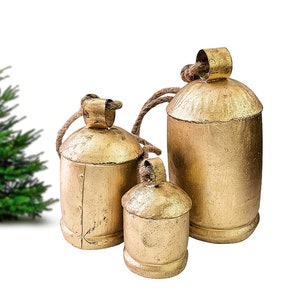 Set of 3 Giant Harmony Cow Bells Huge Vintage Handmade Rustic Lucky Christmas Hanging Bells On Rope