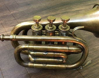 Brass Trumpet  Pocket Bugle Student Horn 3 Valve + Mouthpiece,  Brass Decorative Trumpet, Bugle Trumpet Horn