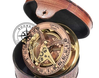 Boussole à cadran solaire en laiton antique - Horloge solaire nautique avec boîte en cuir