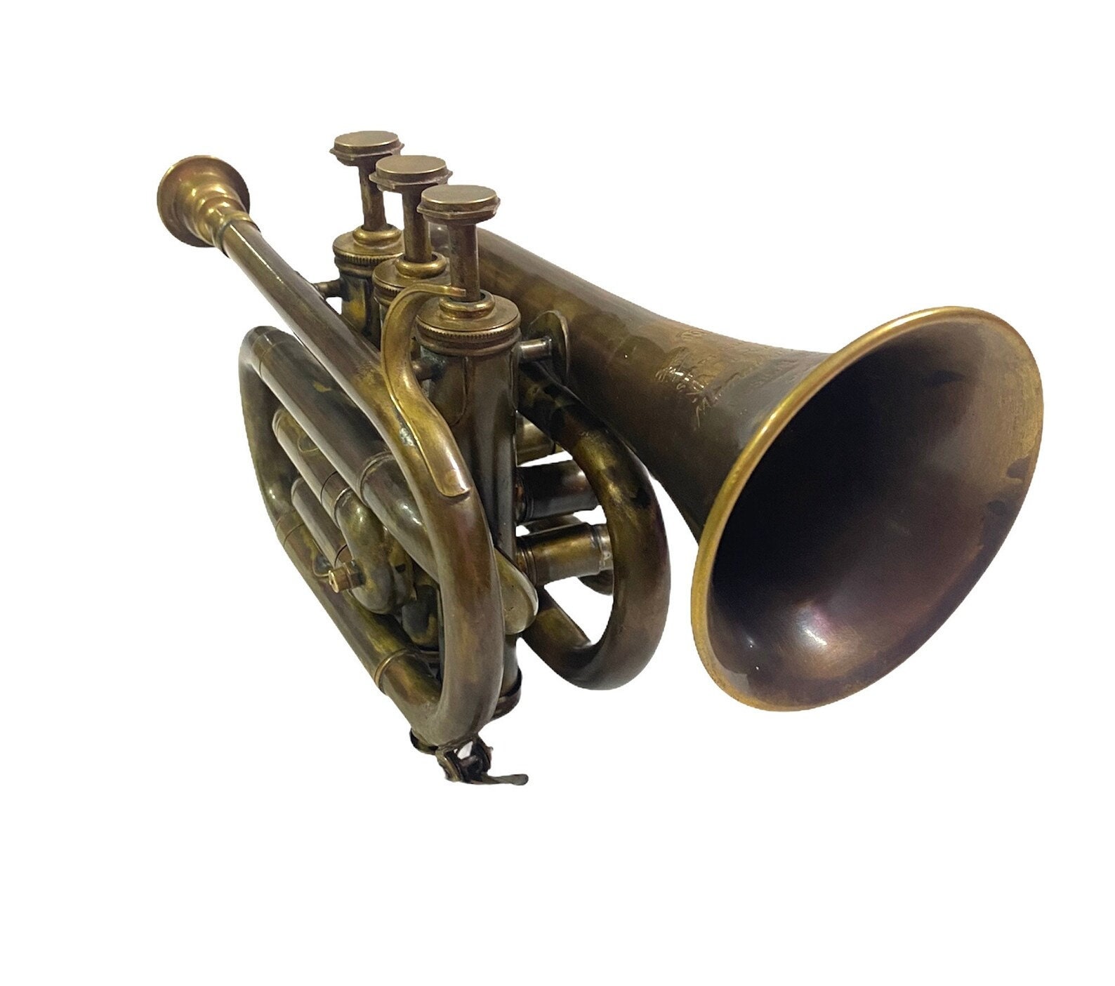 Polished Brass Bugle Instrument Pocket Trumpet With Vintage 3 Valve Flugel  Horn