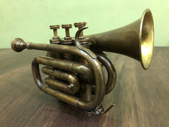Brass Trumpet Pocket Bugle Student Horn 3 Valve Mouthpiece, Brass