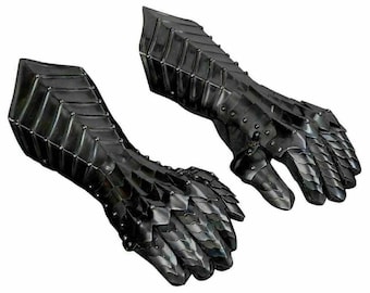 Black Steel Knight Gauntlets, XL Medieval Armor with Adjustable Leather Straps