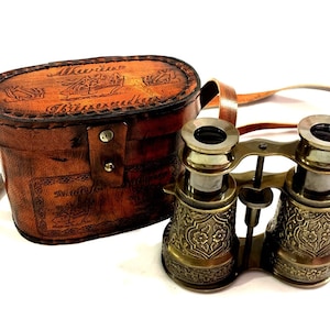 Marine Brass Binocular 4"  Handheld Opera Glasses with Beautiful Leather Case,  brass Engraved Binocular