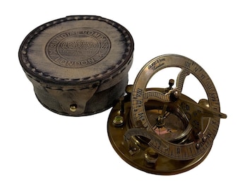 Messing Sundial Kompass mit Ledertasche / Kupfer Zifferblatt Gilbert Sundial Camping / Wandern Steampunk Accessoire