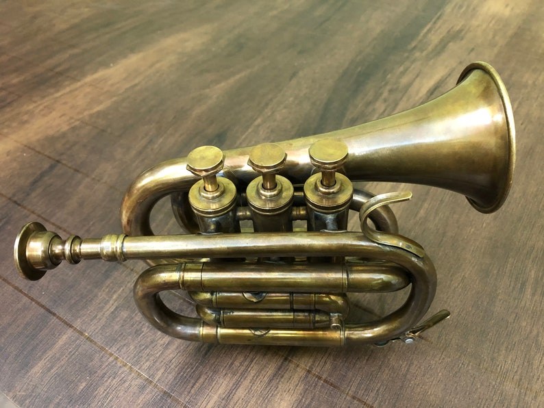 Brass Trumpet Pocket Bugle Student Horn 3 Valve Mouthpiece, Brass