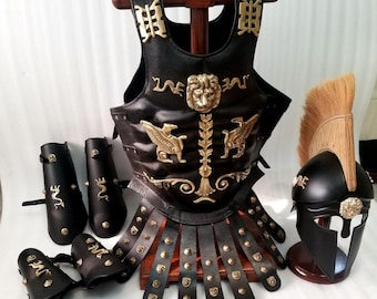 Medieval Corinthan Greek leather Muscle armor breast plate, helmet, leg & arm guard