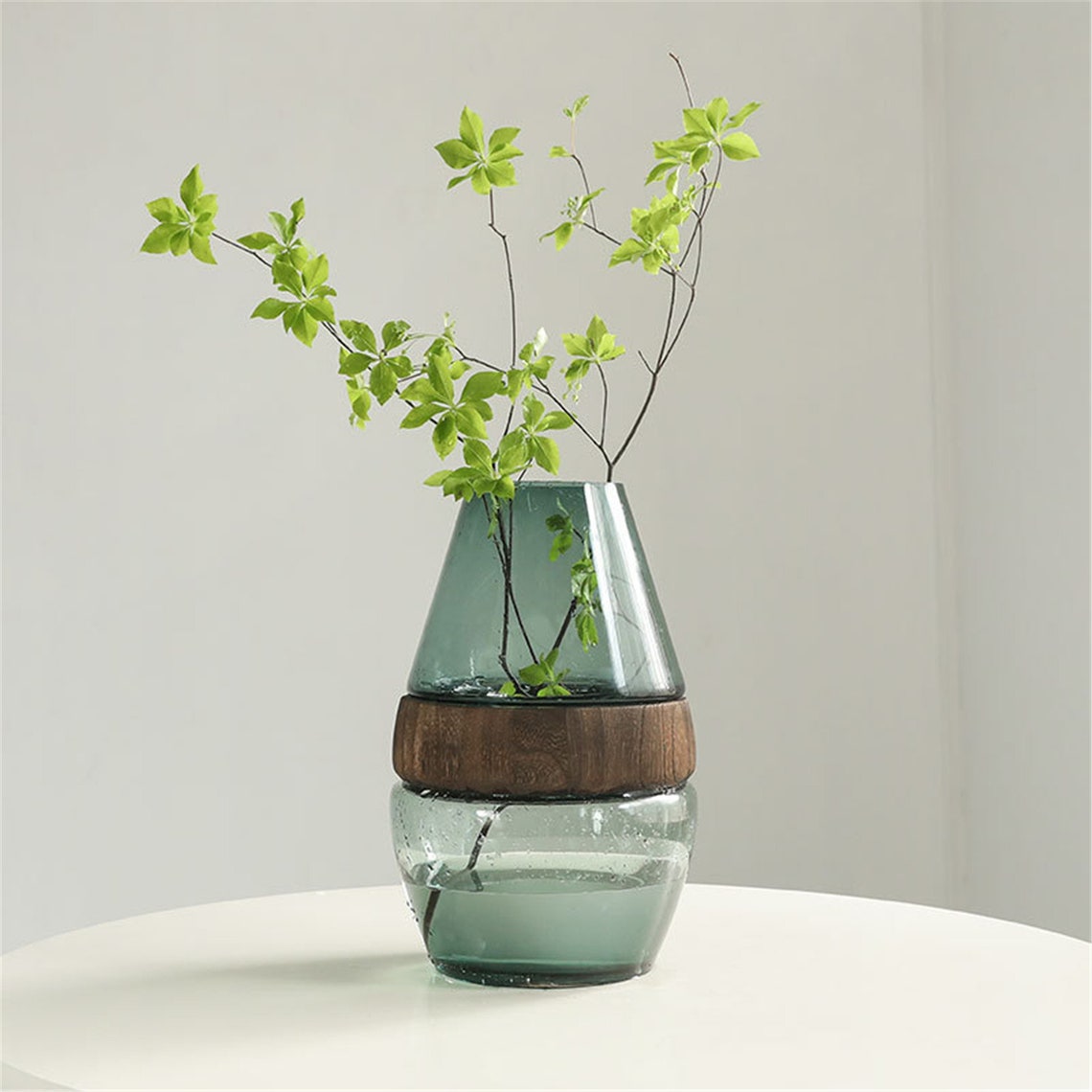 European Light Blue Glass Vase Wooden Base Cylindrical Flower Etsy