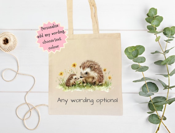 Personalised Hedgehog Tote Bag, Cute Eco Friendly Canvas Shopper, Hedgehog Lover Gift, Wildlife Nature Bag, Birthday Christmas Present women