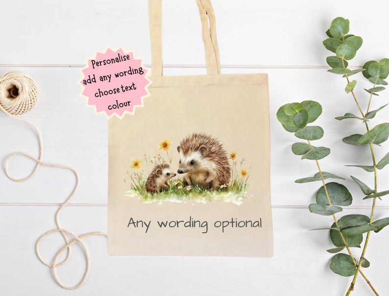 Personalised Hedgehog Tote Bag, Cute Eco Friendly Canvas Shopper, Hedgehog Lover Gift, Wildlife Nature Bag, Birthday Christmas Present women imagem 1