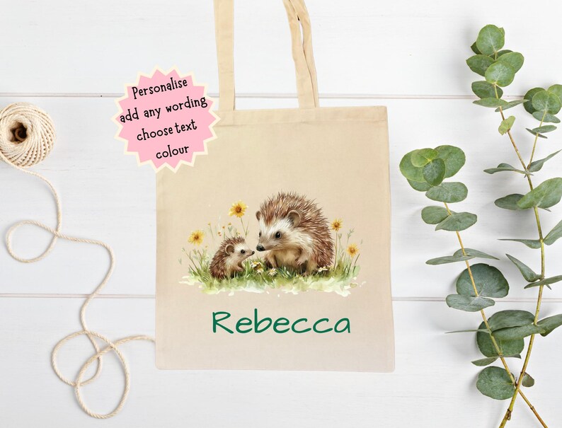 Personalised Hedgehog Tote Bag, Cute Eco Friendly Canvas Shopper, Hedgehog Lover Gift, Wildlife Nature Bag, Birthday Christmas Present women imagem 5