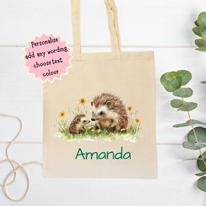 Personalised Hedgehog Tote Bag, Cute Eco Friendly Canvas Shopper, Hedgehog Lover Gift, Wildlife Nature Bag, Birthday Christmas Present women imagem 4