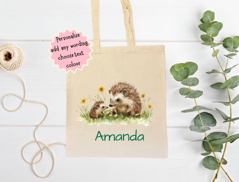 Personalised Hedgehog Tote Bag, Cute Eco Friendly Canvas Shopper, Hedgehog Lover Gift, Wildlife Nature Bag, Birthday Christmas Present women imagem 4