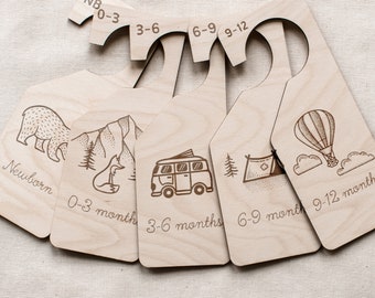 Laser Engraved Wooden Baby Closet Dividers, Mountain Camp Theme