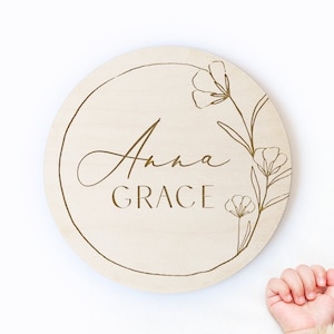 Birth Round Plaque, Wooden Name Sign, Nursery Wall Art, Baby Shower Gift, New Mom Gift, Baby Decor, Birth Announcement sign