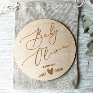 Pregnancy gift, Pregnancy Announcement Sign, Wooden Baby Plaque, Baby On The Way, Etched Wooden Pregnancy Disc Personalized