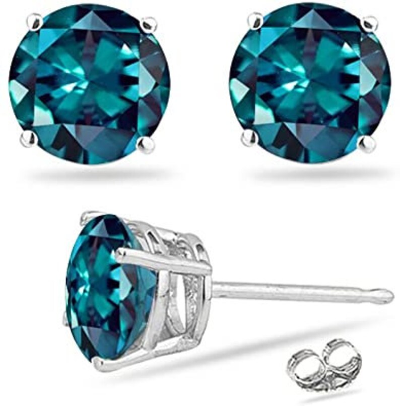 Rose,Yellow, White Gold color Lab Created Round Russian Alexandrite Stud Earrings in 14K Solid Gold 925 Sterling silver in 4MM-8MM size