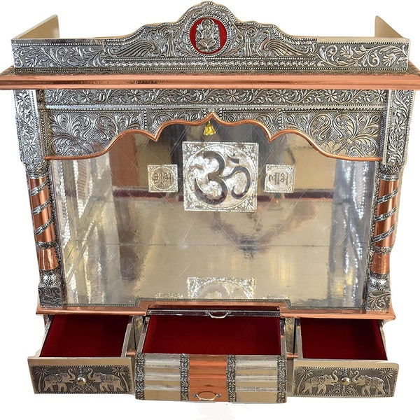 Pooja Mandir for Home (Indian Hindu Temple ) - 22'  /  26'  /  32" Inch  Step Open /  Gate  Puja Mandir Silver Platted Wooden Temple Altar